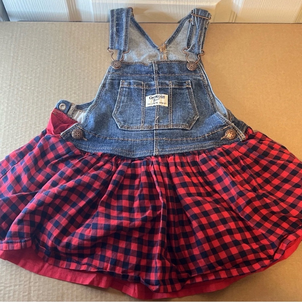 OshKosh B'gosh Denim and Red Plaid Kids Overall Dress
